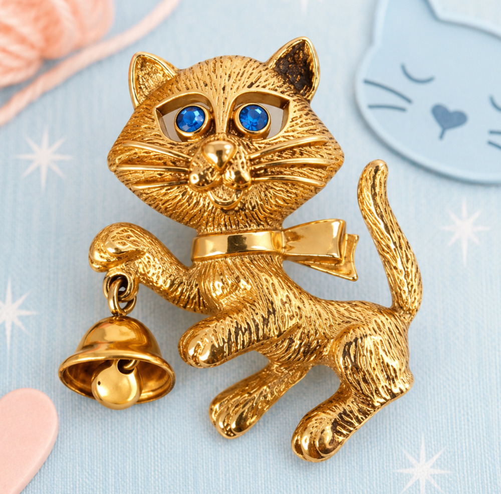 Vintage Avon Frisky Kitty Cat Brooch Gold Tone Blue Rhinestone Eyes Bell 1974